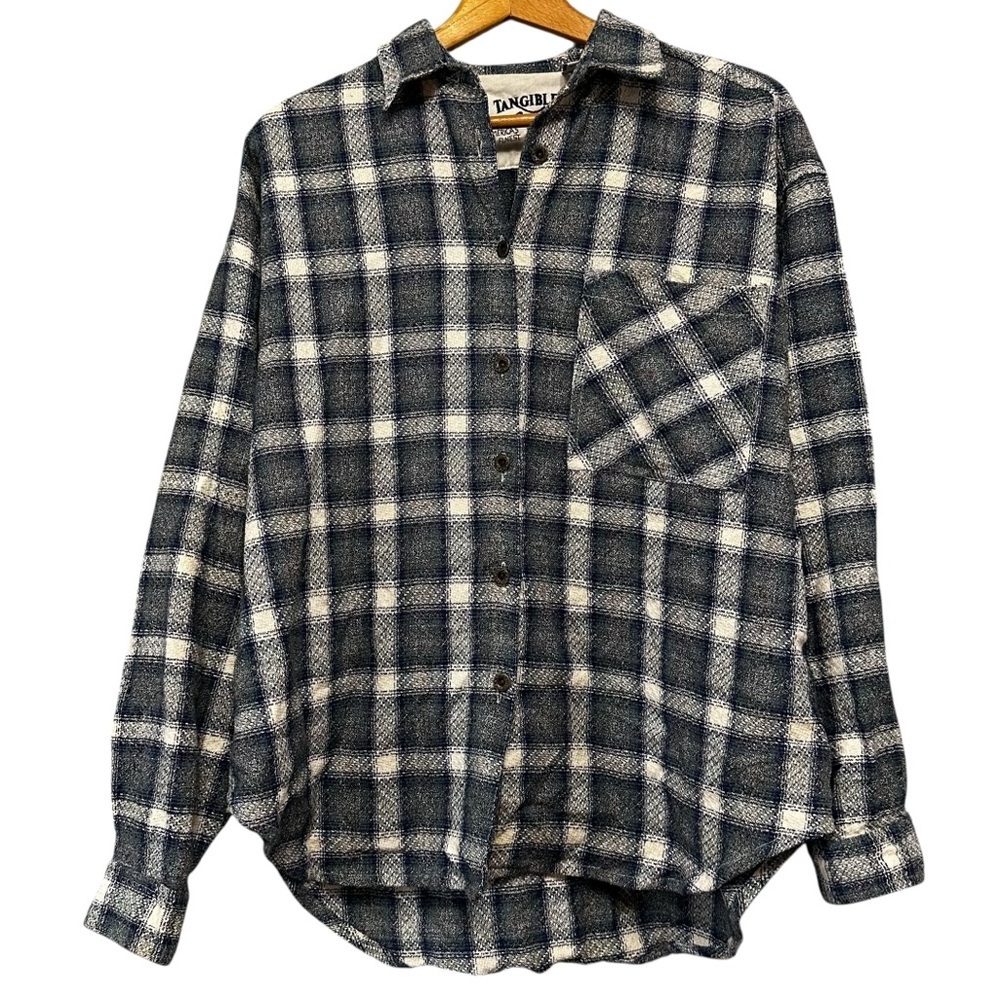 VTG Tangibles Blue Plaid Textured Knit Button Down Long Sleeve Shirt Large